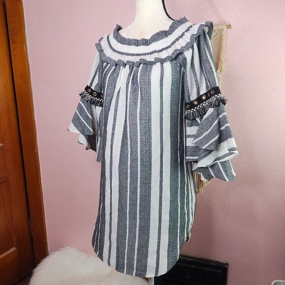 Misa | Striped Ruffle Sleeve Mini Dress Medium - Picture 1 of 7